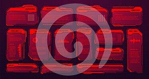 Red futuristic HUD or UI elements. Sci-fi user interface text boxes, callouts. Warning message frames, information boxes