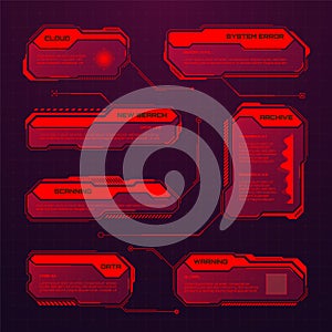 Red futuristic HUD or UI elements. Sci-fi user interface text boxes, callouts. Warning message frames, information boxes