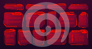 Red futuristic HUD or UI elements. Sci-fi user interface text boxes, callouts. Warning message frames, information boxes