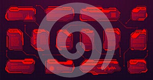 Red futuristic HUD or UI elements. Sci-fi user interface text boxes, callouts. Warning message frames, information boxes