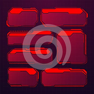Red futuristic HUD or UI elements. Sci-fi user interface text boxes, callouts. Warning message frames, information boxes