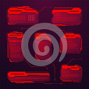 Red futuristic HUD or UI elements. Sci-fi user interface text boxes, callouts. Warning message frames, information boxes