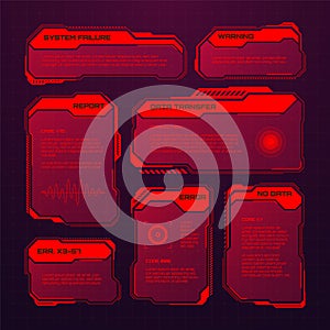 Red futuristic HUD or UI elements. Sci-fi user interface text boxes, callouts. Warning message frames, information boxes