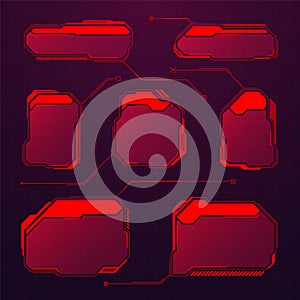 Red futuristic HUD or UI elements. Sci-fi user interface text boxes, callouts. Warning message frames, information boxes