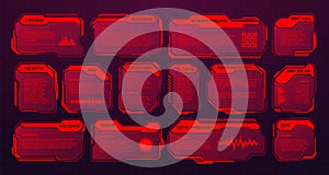 Red futuristic HUD or UI elements. Sci-fi user interface text boxes, callouts. Warning message frames, information boxes