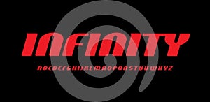 Red futuristic letter on black background. Infinity space style font, condensed italic type for sport logo, tech