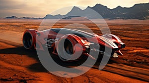 Red futuristic sports racing car races across land of an alien planet. Futuristic concept of technologies of other