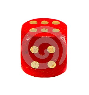 Red gamble dice isolated on white. Gold dots