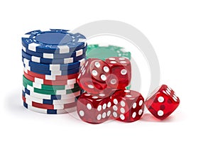 Red gambling casino dice and chips isolated on white