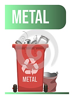 Red garbage container with separated metal waste. Waste management design template. Isolated on white background