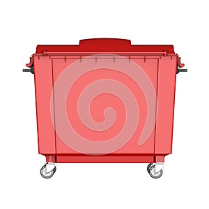 A red garbage container on a white background. Isolate