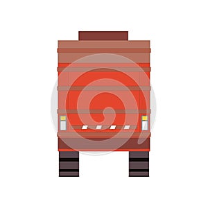 Red garbage truck isolated on white background. Back view cartoon rubbish vehicle. Vector illustration