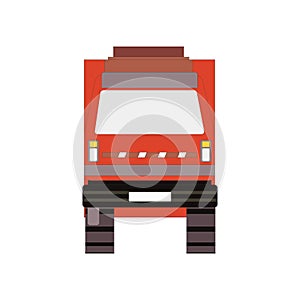 Red garbage truck isolated on white background. Front view cartoon rubbish vehicle. Vector illustration