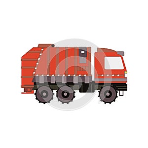 Red garbage truck isolated on white background. Side view cartoon rubbish vehicle. Vector illustration