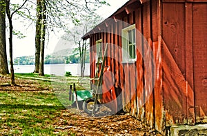 Red Garden Shed/Wheelbarrows