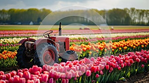 Red garden Tractor on tulip field