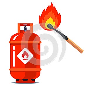 A red gas can next to a burning match. flammable situation.