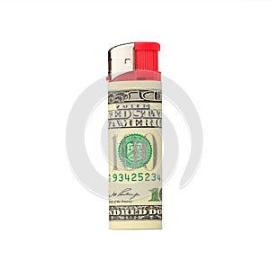 Red gas lighter wrapped in hundred dollar bill isolated on white background. Symbolizes gas dolors
