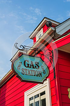 Red gas station with flashy exterior