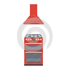 Red gas stove and extractor hood cooker flat vector illustration isolated on white background