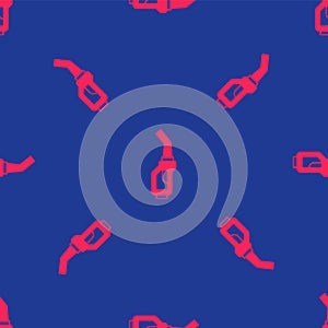 Red Gasoline pump nozzle icon isolated seamless pattern on blue background. Fuel pump petrol station. Refuel service