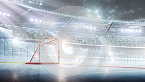 Red gate on the empty hockey rink. Hockey gates in the spotlight. Hockeq arena. Sport background photo