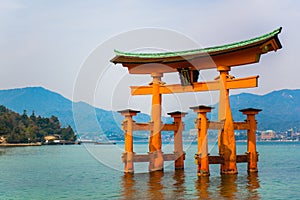 Red gate located in the sea at miyajima island Hiroshima