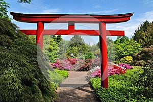 Red Gate to the Japanese Garden in the Stadtgarten Zoo in Karlsruhe