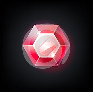 Red gem. Cartoon jewelry for game achievement. Top view of faceted ruby. Isolated precious stone with light reflection