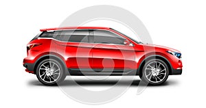 Red Generic SUV Car On White Background. Side View With Isolated Path