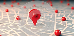 Red geolocation marker on the map in 3D style. Navigation system. Pin