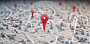 Red geolocation marker on the map in 3D style. Navigation system. Pin