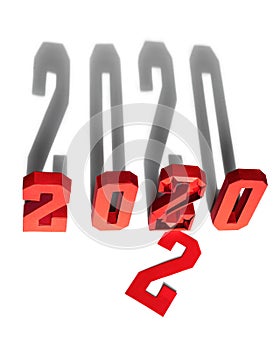 Red geometric figures on white background. Long shadows from numbers. Unassembled digit 2. Concept of Happy New Year 2020