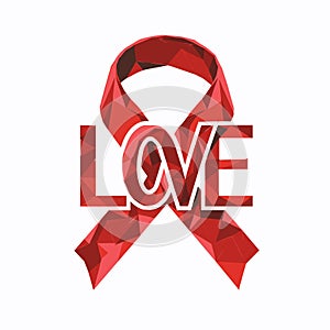 Red geometric ribbon forming word LOVE. Low poly style, crystallike facets, isolated white photo