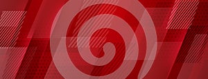 Red geometric shapes and lines create dynamic abstract background