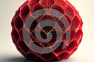 Red geometric sphere with intricate lattice structure and grid pattern abstract
