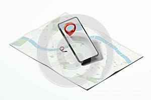 Red geotag or map pin in mobile phone on realistic map. 3d rendering.