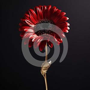 Red Gerbera Daisy With Metal Leaf Digital Print On Black