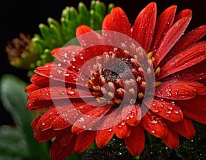Red gerbera flower with water drops on petals close up