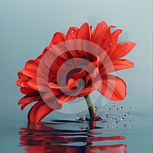 Red gerbera in water Flowering flowers, a symbol of spring, new life