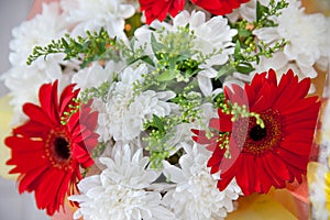 Red gerbera and white chrysanthemums. Bouquet of flowers