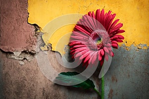 A red gerbra flower against a yellow abstract textured wall, generative ai