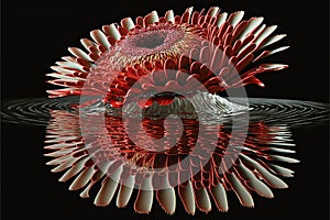 A red gerbra reflected in still water, generative Ai