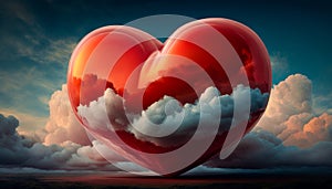Red giant ballon world with heart shape over the clouds, love the earth, generative ai