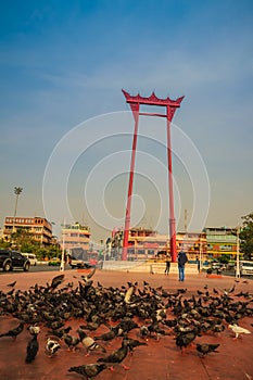 Red giant swing or Sao Ching Cha with the crowd of pigeon, one o photo