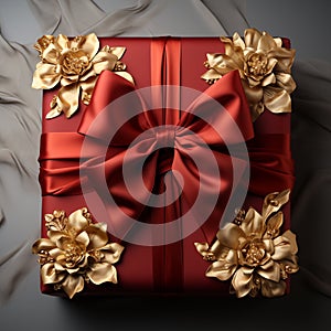 Red gift box with beautiful bow and ribbon on wooden table.