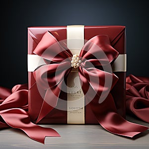 Red gift box with beautiful bow and ribbon on wooden table.