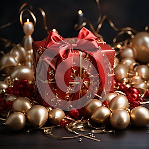 Red gift box with beautiful bow and ribbon on wooden table.