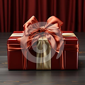 Red gift box with beautiful bow and ribbon on wooden table.