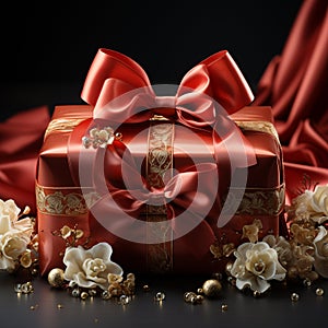 Red gift box with beautiful bow and ribbon on wooden table.